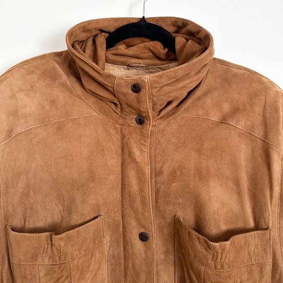 Vintage 90’s Funnel Neck Camel Oversized Retro Suede Jacket Shoulder Pads - Picture 4 of 15